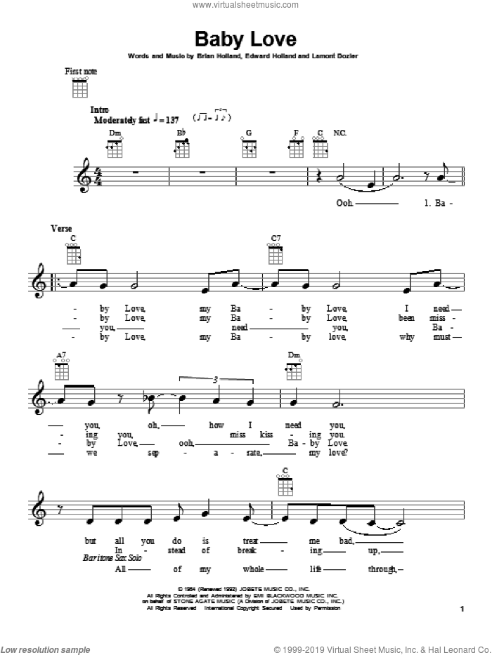 Baby Love sheet music for ukulele by The Supremes, Brian Holland, Eddie Holland and Lamont Dozier, intermediate skill level
