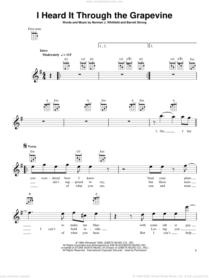 I Heard It Through The Grapevine sheet music for ukulele by Marvin Gaye, Barrett Strong and Norman Whitfield, intermediate skill level