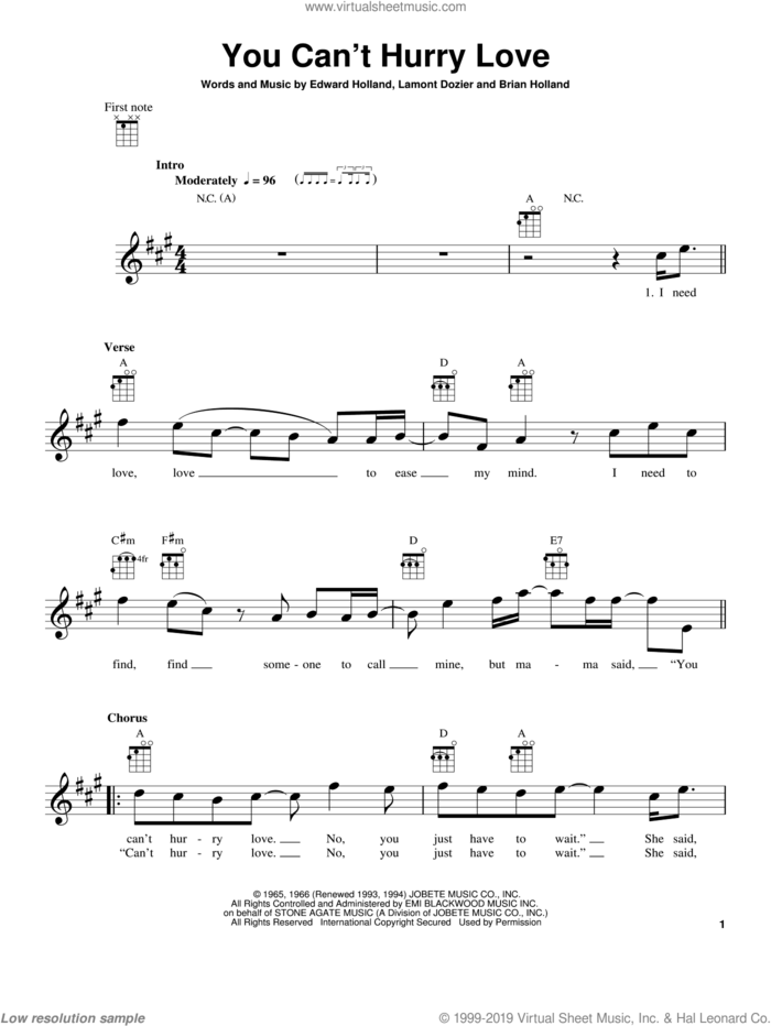 You Can't Hurry Love sheet music for ukulele by The Supremes, Brian Holland, Eddie Holland and Lamont Dozier, intermediate skill level