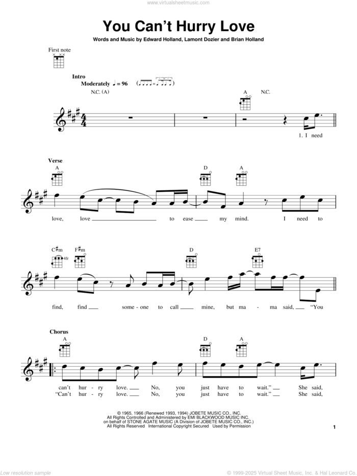 You Can't Hurry Love sheet music for ukulele by The Supremes, Brian Holland, Eddie Holland and Lamont Dozier, intermediate skill level