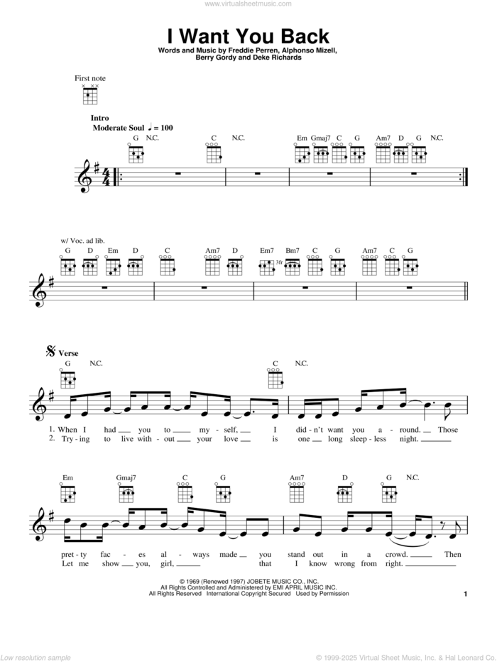 I Want You Back sheet music for ukulele by The Jackson 5, Alphonso Mizell, Berry Gordy, Deke Richards and Frederick Perren, intermediate skill level