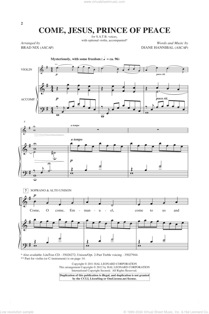 Come, Jesus, Prince Of Peace sheet music for choir (SATB: soprano, alto, tenor, bass) by Diane Hannibal and Brad Nix, intermediate skill level