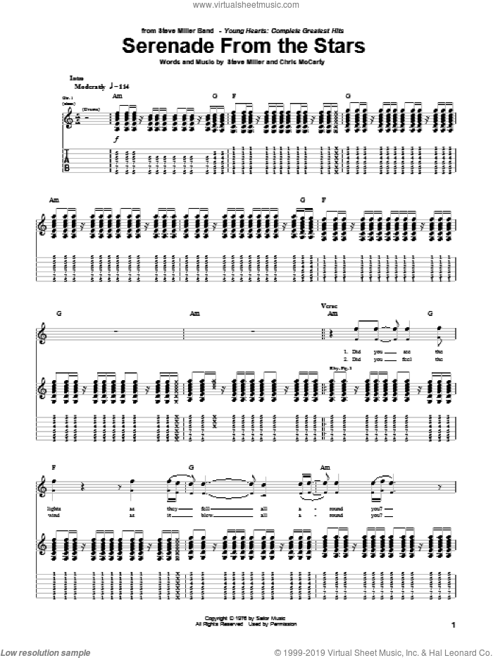 Serenade From The Stars sheet music for guitar (tablature) by Steve Miller Band, Chris McCarty and Steve Miller, intermediate skill level