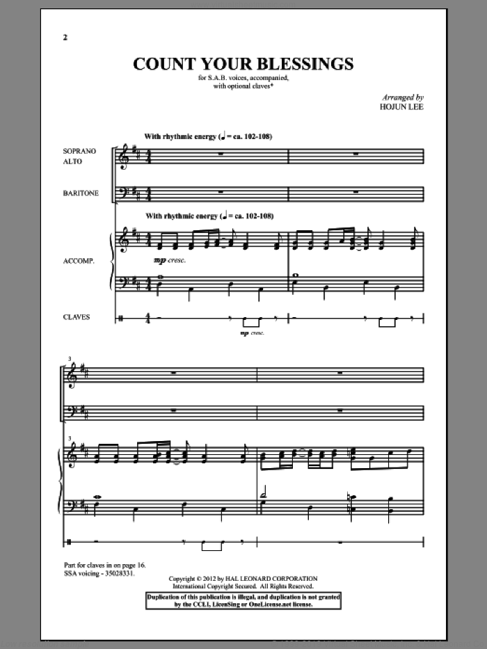 Count Your Blessings sheet music for choir (SAB: soprano, alto, bass) by Edwin O. Excell, Johnson Oatman, Jr. and Hojun Lee, intermediate skill level