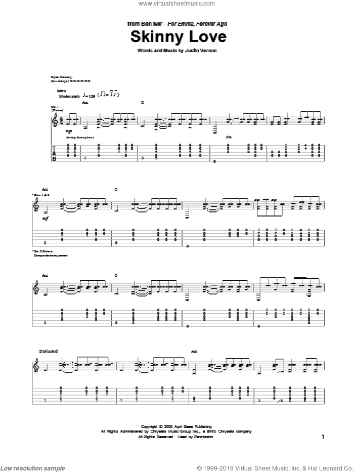 Skinny Love sheet music for guitar (tablature) by Bon Iver and Justin Vernon, intermediate skill level