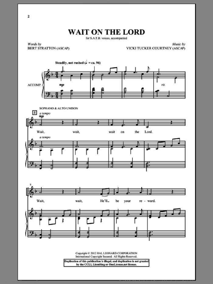 Wait On The Lord sheet music for choir (SATB: soprano, alto, tenor, bass) by Vicki Tucker Courtney and Bert Stratton, intermediate skill level
