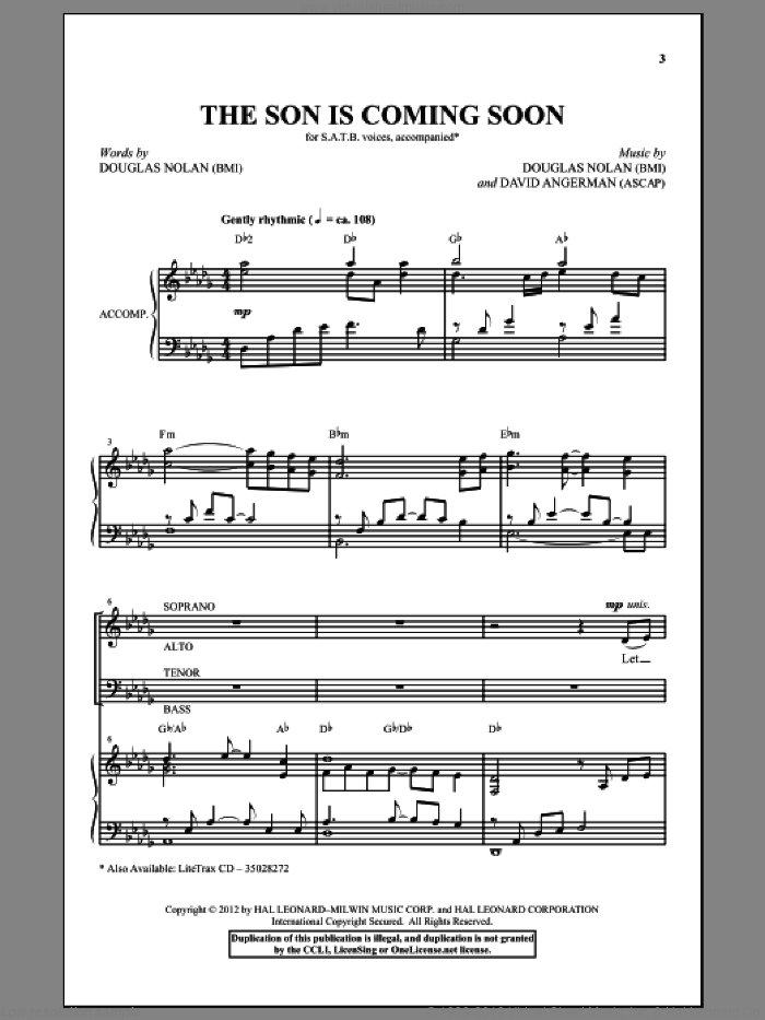 The Son Is Coming Soon sheet music for choir (SATB: soprano, alto, tenor, bass) by David Angerman and Douglas Nolan, intermediate skill level