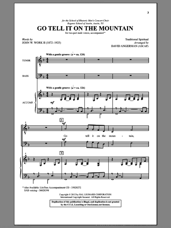 Go, Tell It On The Mountain sheet music for choir (TB: tenor, bass) by David Angerman, intermediate skill level