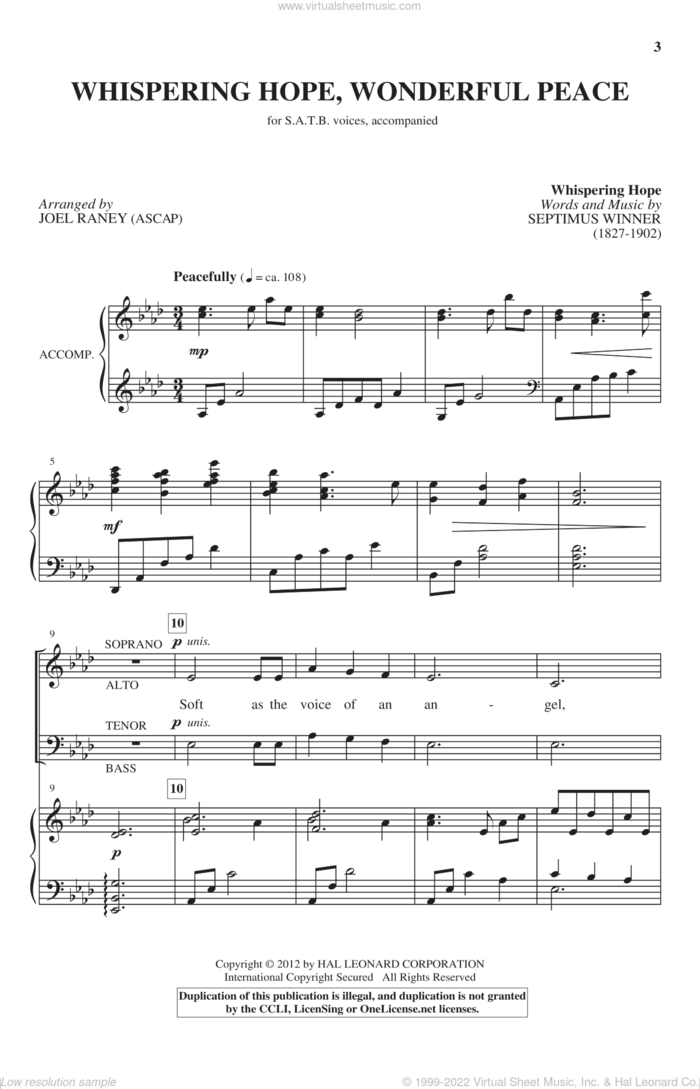 Whispering Hope, Wonderful Peace sheet music for choir (SATB: soprano, alto, tenor, bass) by Joel Raney, Alice Hawthorne and Septimus Winner, intermediate skill level