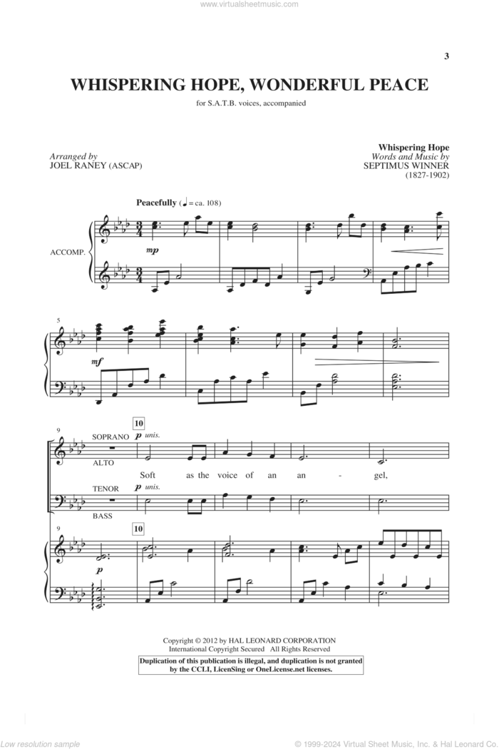 Whispering Hope, Wonderful Peace sheet music for choir (SATB: soprano, alto, tenor, bass) by Joel Raney, Alice Hawthorne and Septimus Winner, intermediate skill level