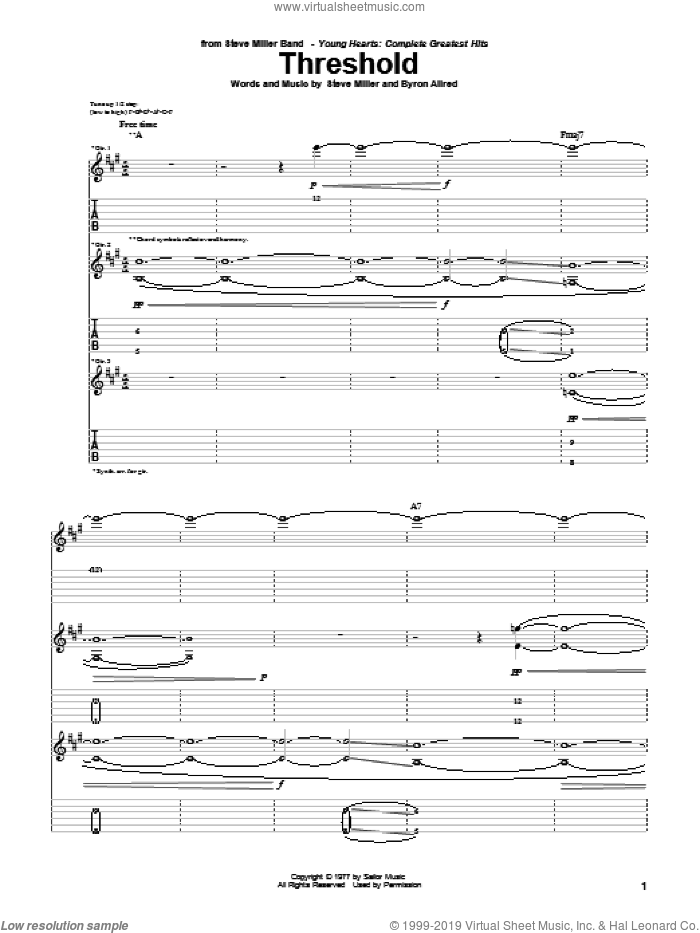 Threshold sheet music for guitar (tablature) by Steve Miller Band, Byron Allred and Steve Miller, intermediate skill level