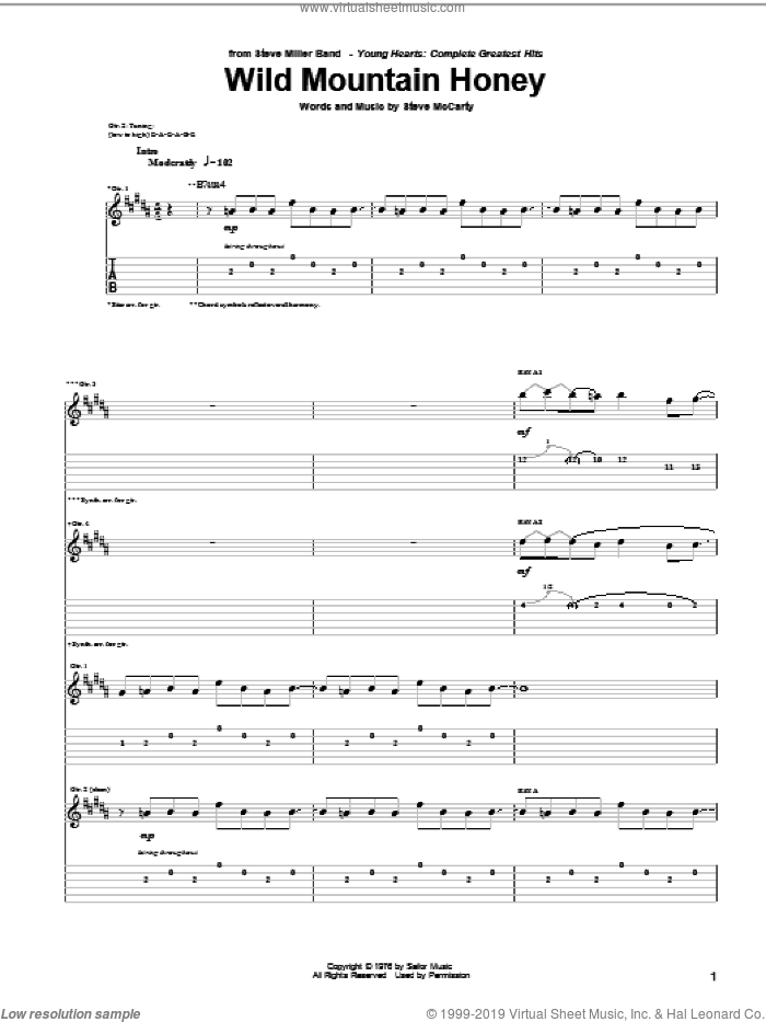 Wild Mountain Honey sheet music for guitar (tablature) by Steve Miller Band and Steve McCarty, intermediate skill level