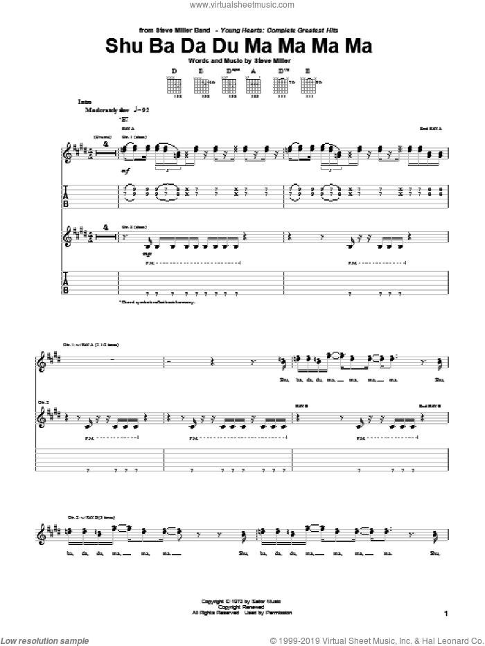 Shu Ba Da Du Ma Ma Ma Ma sheet music for guitar (tablature) by Steve Miller Band and Steve Miller, intermediate skill level