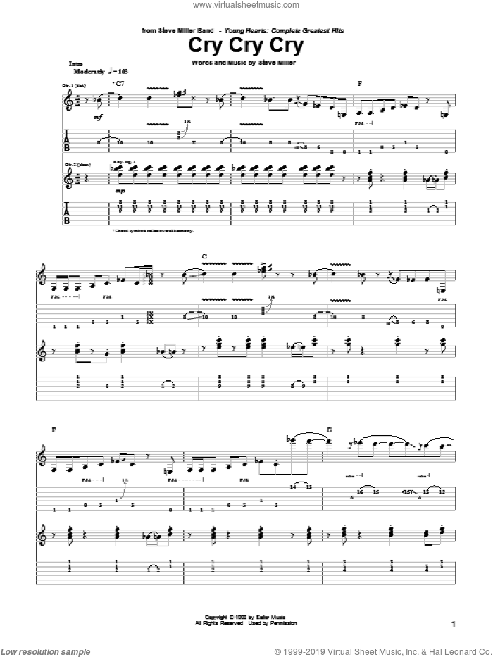 Cry Cry Cry sheet music for guitar (tablature) by Steve Miller Band and Steve Miller, intermediate skill level