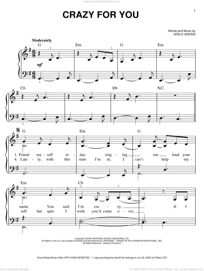 Crazy For You sheet music for piano solo by Adele and Adele Adkins, easy skill level
