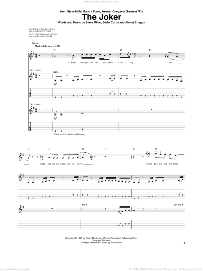 The Joker sheet music for guitar (tablature) by Steve Miller Band, Ahmet Ertegun, Eddie Curtis and Steve Miller, intermediate skill level