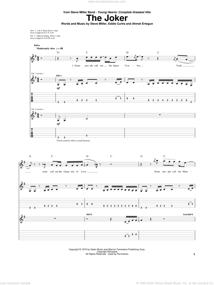 The Joker sheet music for guitar (tablature) by Steve Miller Band, Ahmet Ertegun, Eddie Curtis and Steve Miller, intermediate skill level