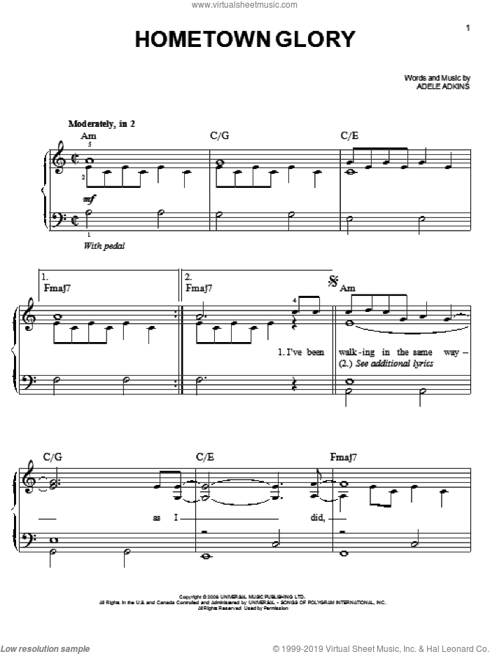 Hometown Glory, (easy) sheet music for piano solo by Adele and Adele Adkins, easy skill level