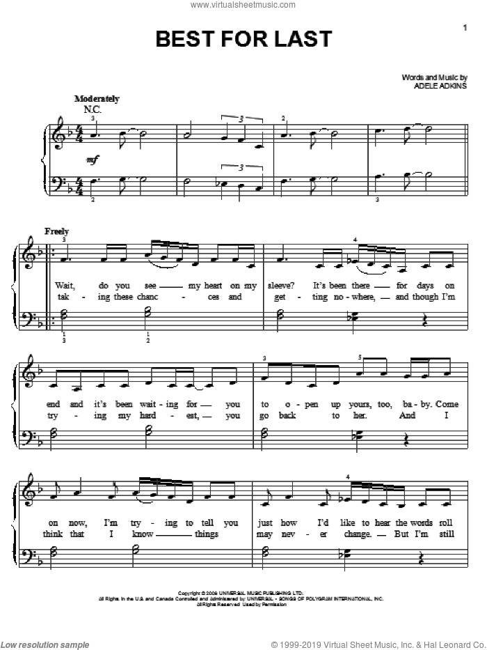 Best For Last, (easy) sheet music for piano solo by Adele and Adele Adkins, easy skill level