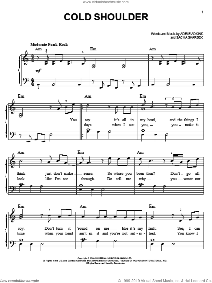 Cold Shoulder sheet music for piano solo by Adele, Adele Adkins and Sacha Skarbek, easy skill level