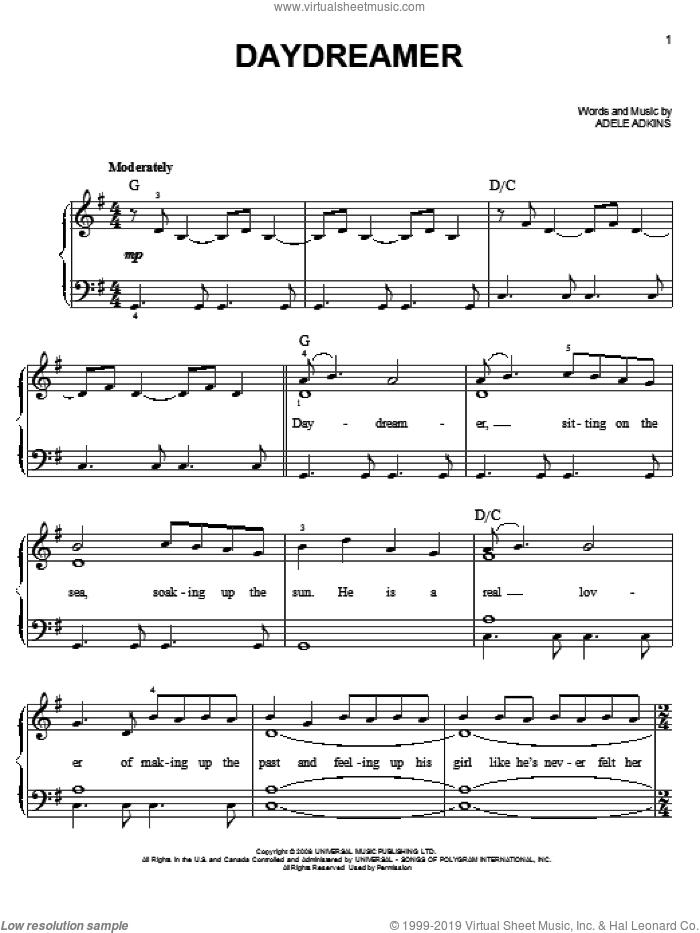 Daydreamer, (easy) sheet music for piano solo by Adele and Adele Adkins, easy skill level