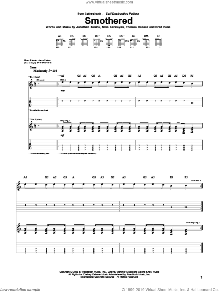 Smothered sheet music for guitar (tablature) by Spineshank, Brad Kane, Jonathan Santos, Mike Sarkisyan and Thomas Decker, intermediate skill level