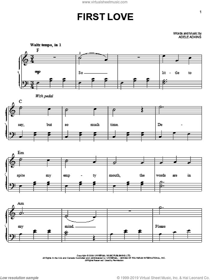 First Love sheet music for piano solo by Adele and Adele Adkins, easy skill level