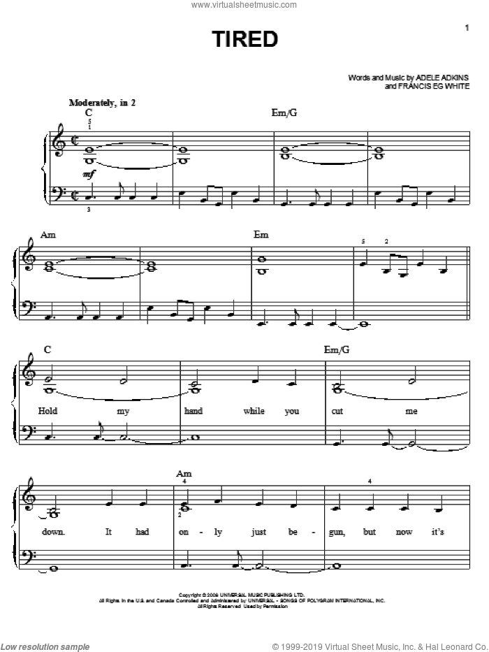 Tired sheet music for piano solo by Adele, Adele Adkins and Francis White, easy skill level