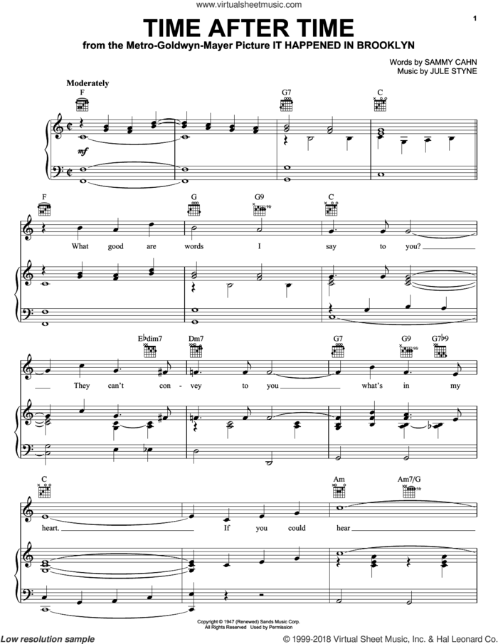 Time After Time sheet music for voice, piano or guitar by Frank Sinatra, Frankie Ford, Rod Stewart, Sarah Vaughan, Jule Styne and Sammy Cahn, wedding score, intermediate skill level