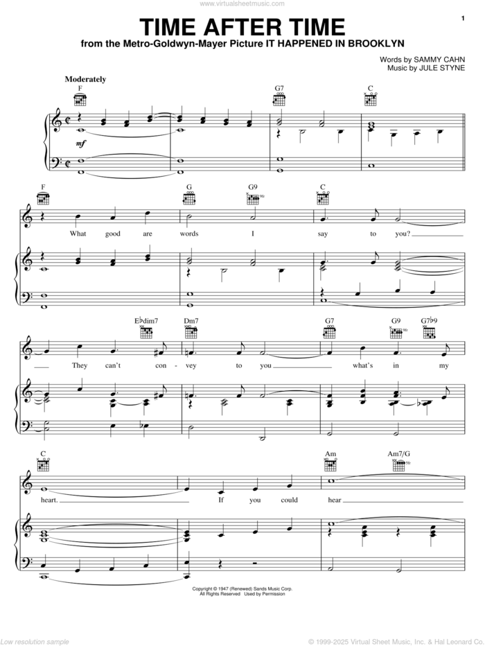 Time After Time sheet music for voice, piano or guitar by Frank Sinatra, Frankie Ford, Rod Stewart, Sarah Vaughan, Jule Styne and Sammy Cahn, wedding score, intermediate skill level