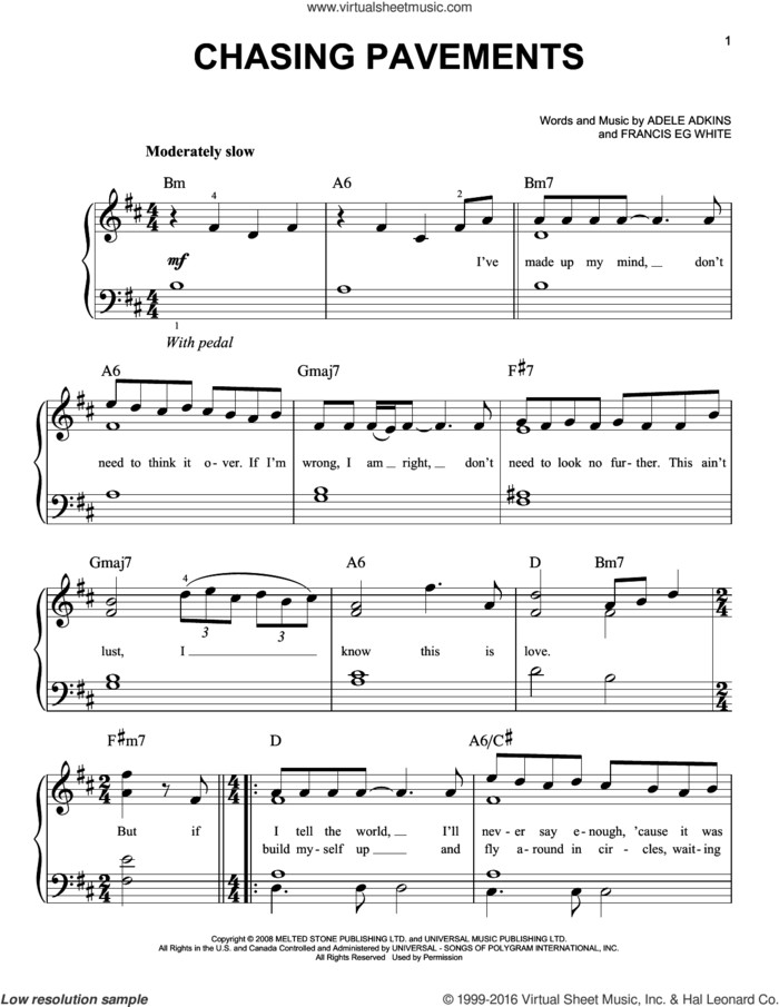 Chasing Pavements, (easy) sheet music for piano solo by Adele, Adele Adkins and Francis White, easy skill level