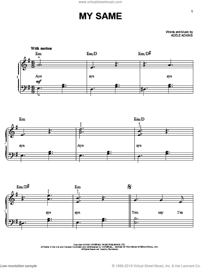 My Same sheet music for piano solo by Adele and Adele Adkins, easy skill level
