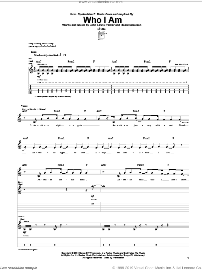Who I Am sheet music for guitar (tablature) by Smile Empty Soul, Spider-Man 2 (Movie), John Parker and Sean Danielsen, intermediate skill level