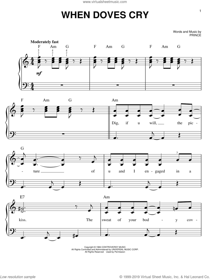 When Doves Cry sheet music for piano solo by Prince and Prince & The Revolution, easy skill level