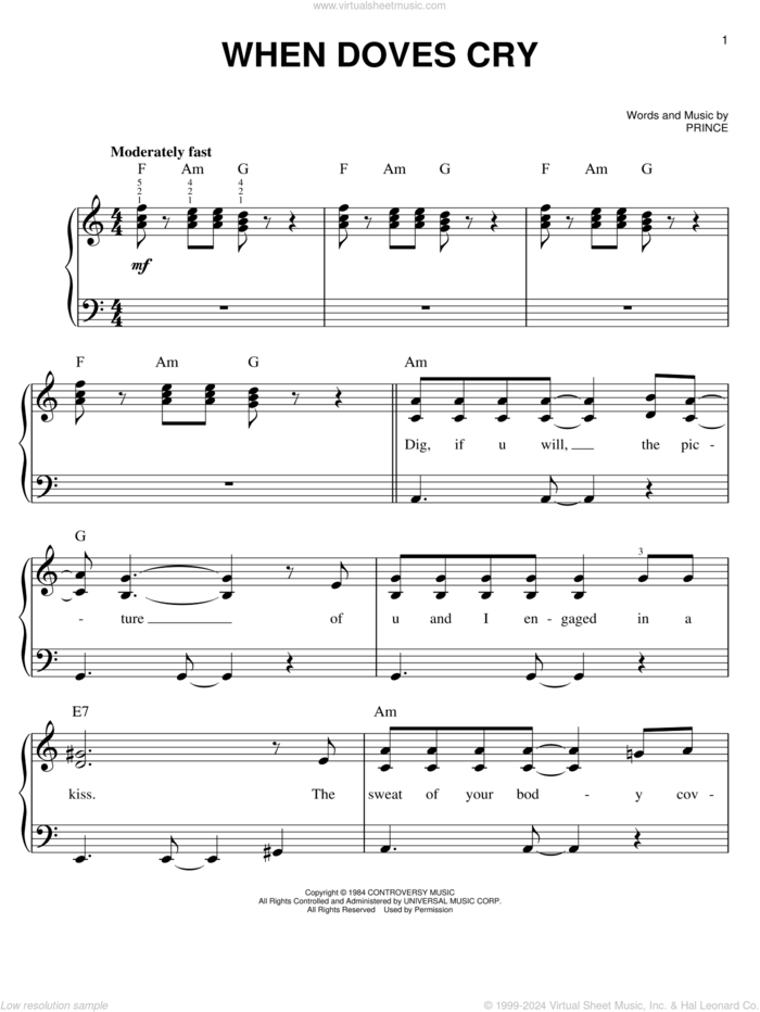 When Doves Cry sheet music for piano solo by Prince and Prince & The Revolution, easy skill level