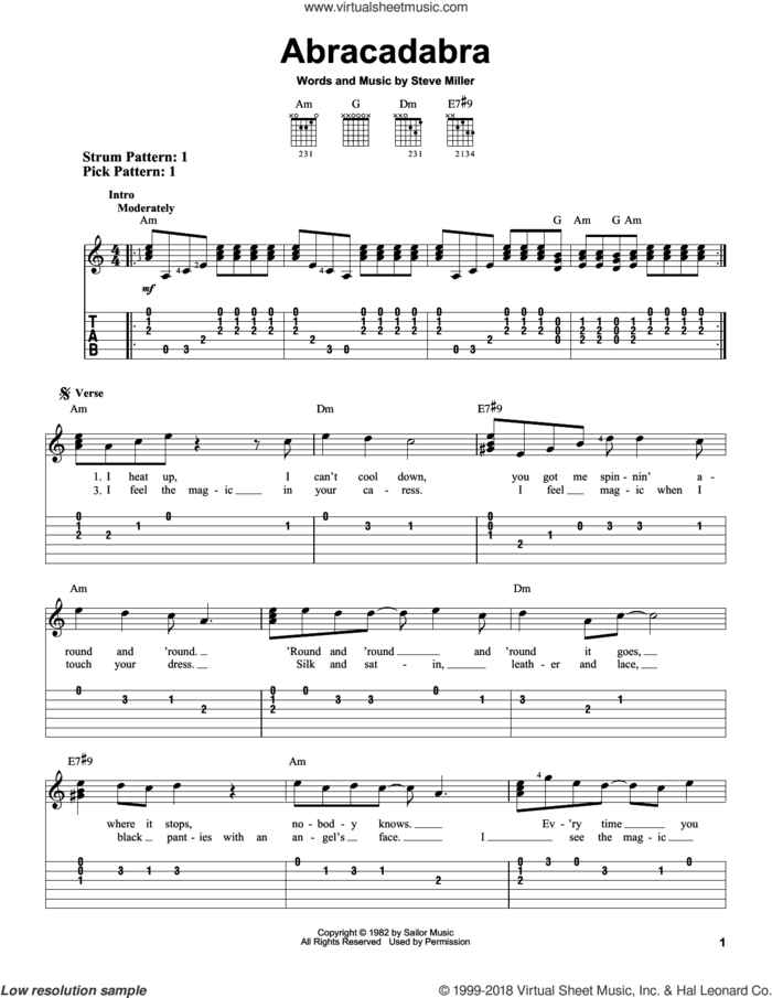 Abracadabra sheet music for guitar solo (easy tablature) by Steve Miller Band and Steve Miller, easy guitar (easy tablature)
