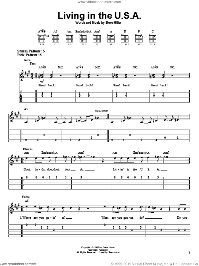 Living In The U.S.A. sheet music for guitar solo (easy tablature) by Steve Miller Band and Steve Miller, easy guitar (easy tablature)
