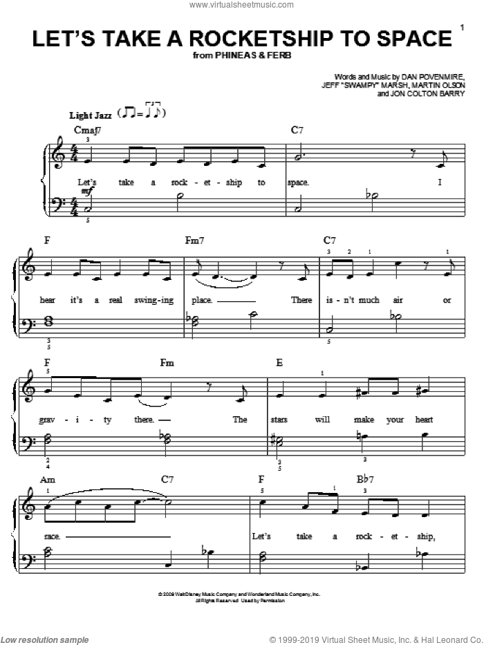 Let's Take A Rocketship To Space sheet music for piano solo by Danny Jacob, Phineas And Ferb, Dan Povenmire, Jeff 'Swampy' Marsh, Jon Colton Barry and Martin Olson, easy skill level