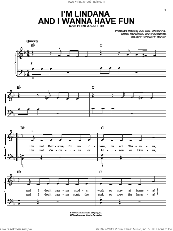 I'm Lindana And I Wanna Have Fun sheet music for piano solo by Danny Jacob, Phineas And Ferb, Chris Headrick, Dan Povenmire, Jeff 'Swampy' Marsh and Jon Colton Barry, easy skill level