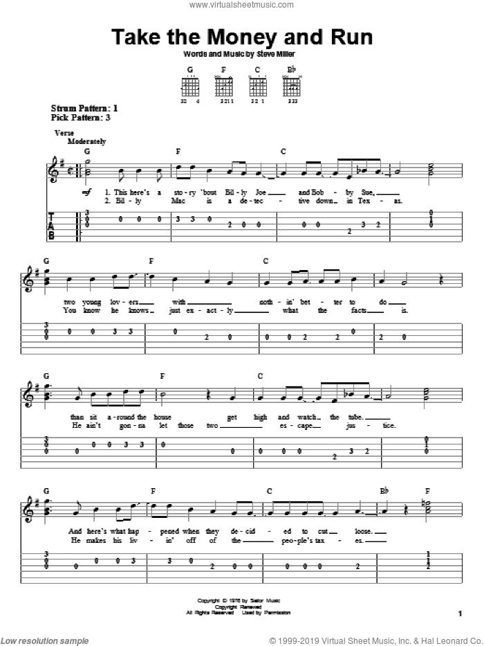 Take The Money And Run sheet music for guitar solo (easy tablature) by Steve Miller Band and Steve Miller, easy guitar (easy tablature)