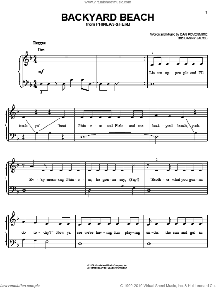 Backyard Beach sheet music for piano solo by Danny Jacob, Phineas And Ferb and Dan Povenmire, easy skill level