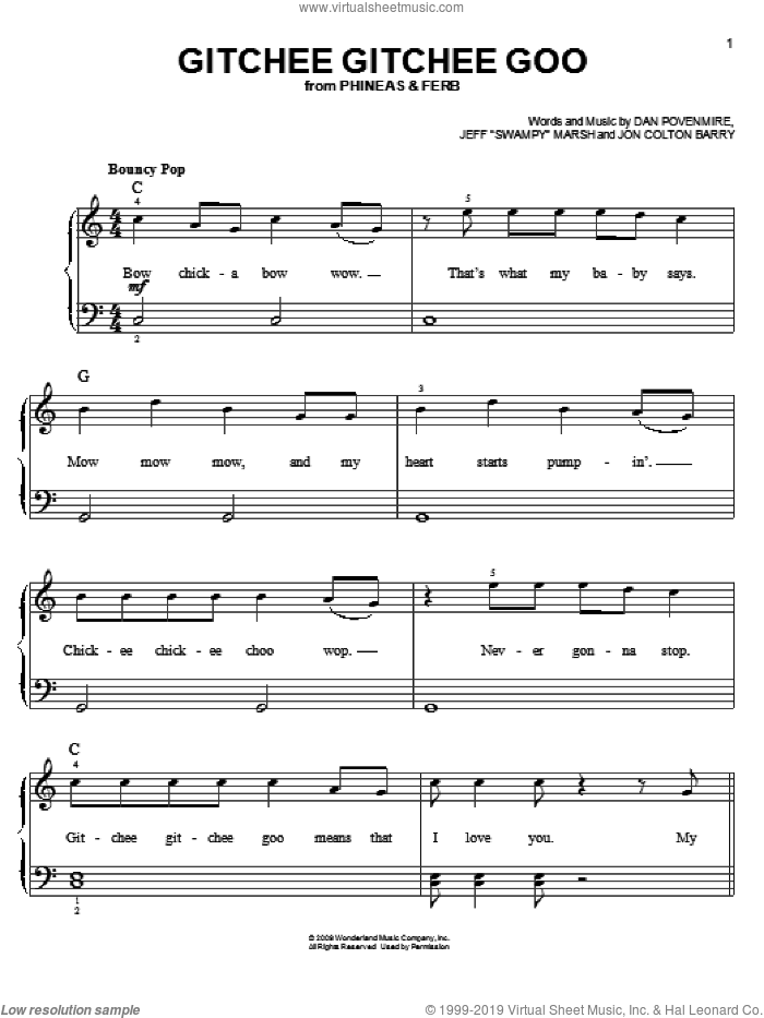 Gitchee Gitchee Goo sheet music for piano solo by Danny Jacob, Phineas And Ferb, Dan Povenmire, Jeff 'Swampy' Marsh and Jon Colton Barry, easy skill level