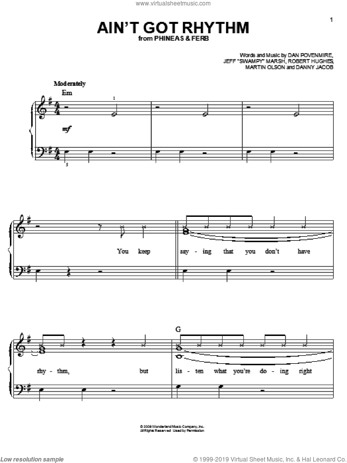Ain't Got Rhythm sheet music for piano solo by Danny Jacob, Phineas And Ferb, Dan Povenmire, Jeff 'Swampy' Marsh, Martin Olson and Robert Hughes, easy skill level