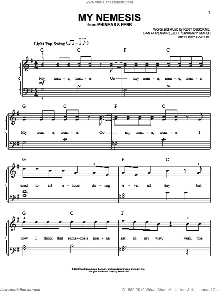My Nemesis sheet music for piano solo by Danny Jacob, Phineas And Ferb, Bobby Gaylor, Dan Povenmire, Jeff 'Swampy' Marsh and Kent Osborne, easy skill level