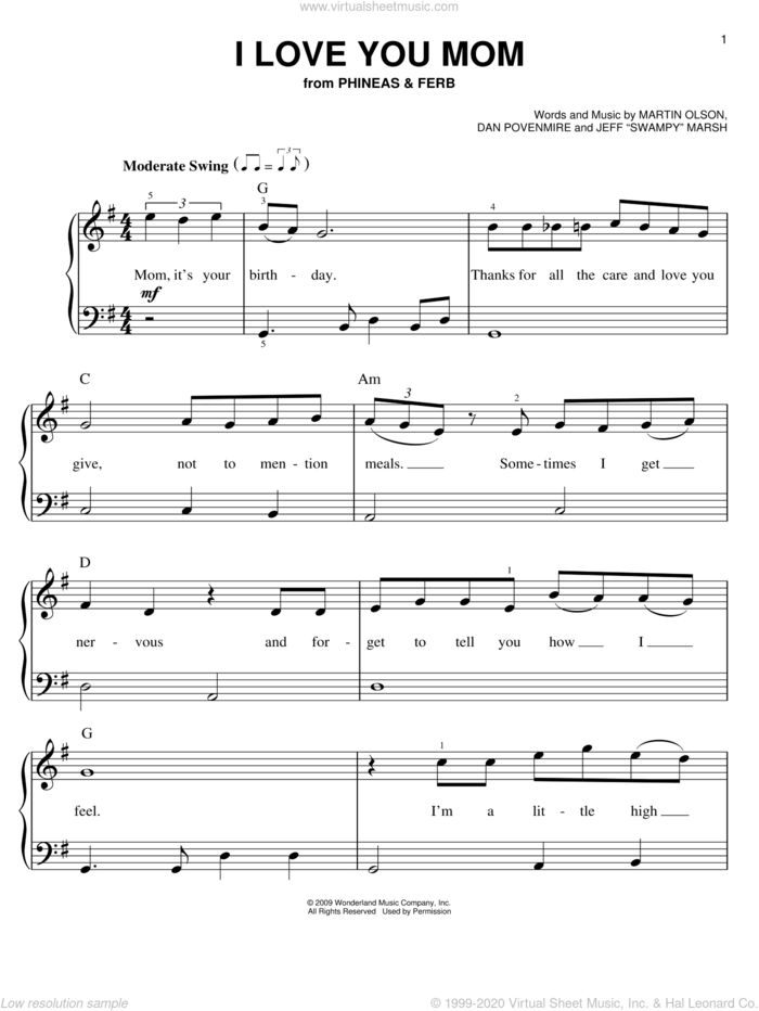 I Love You Mom sheet music for piano solo by Danny Jacob, Phineas And Ferb, Dan Povenmire, Jeff 'Swampy' Marsh and Martin Olson, easy skill level