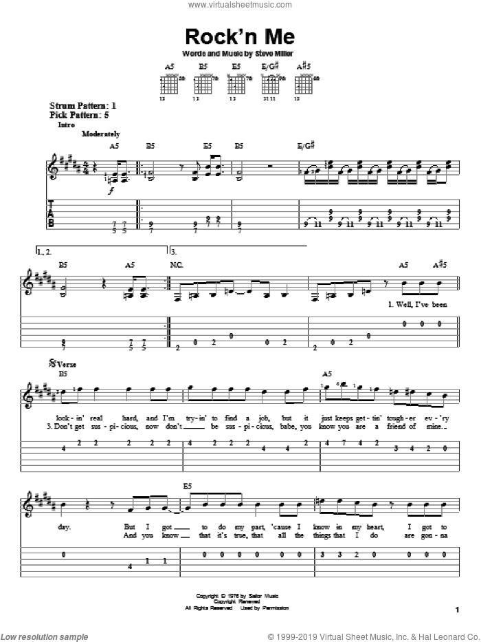 Rock'n Me sheet music for guitar solo (easy tablature) by Steve Miller Band and Steve Miller, easy guitar (easy tablature)