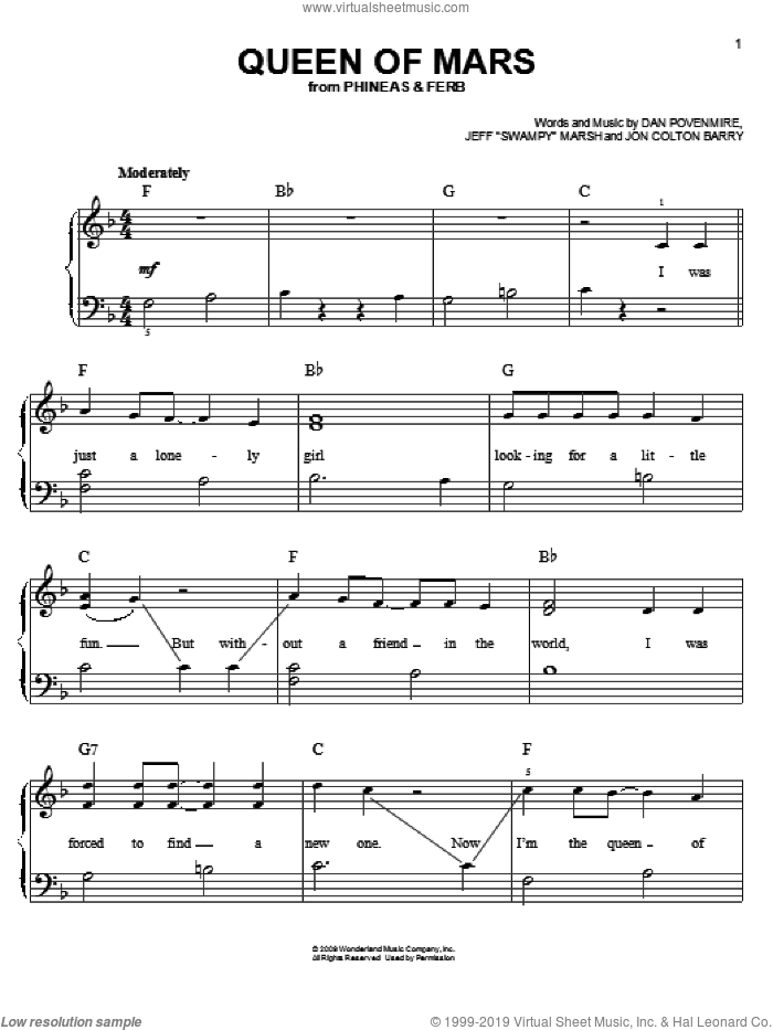 Queen Of Mars sheet music for piano solo by Danny Jacob, Phineas And Ferb, Dan Povenmire, Jeff 'Swampy' Marsh and Jon Colton Barry, easy skill level