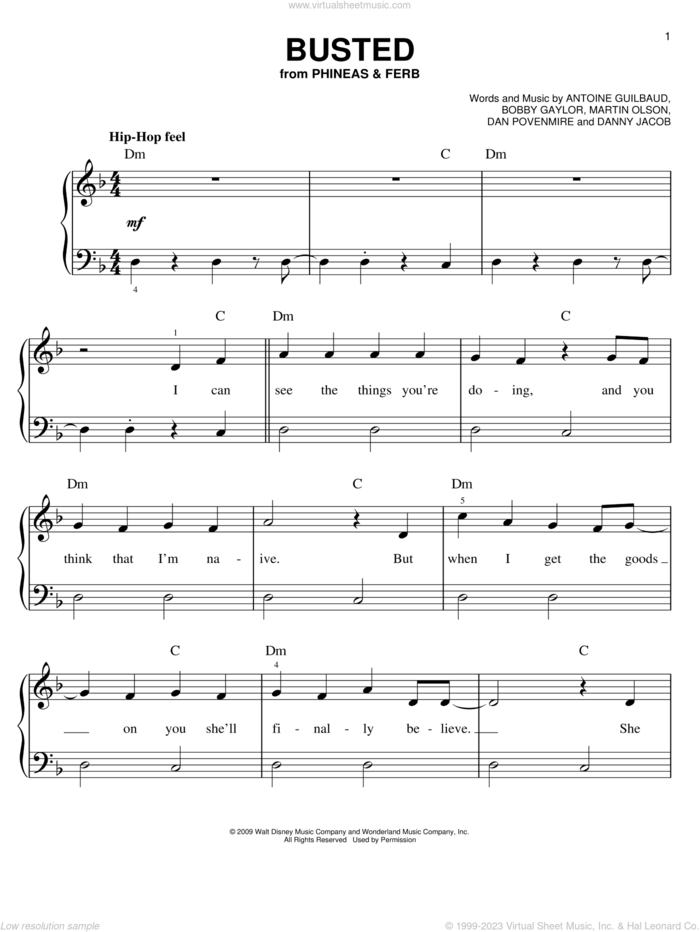 Busted (from Phineas And Ferb) sheet music for piano solo by Danny Jacob, Phineas And Ferb, Antoine Guilbaud, Bobby Gaylor, Dan Povenmire and Martin Olson, easy skill level