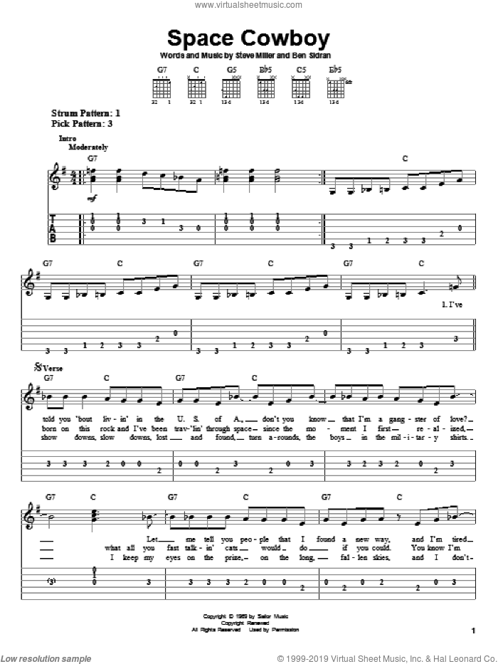 Space Cowboy sheet music for guitar solo (easy tablature) by Steve Miller Band, Ben Sidran and Steve Miller, easy guitar (easy tablature)