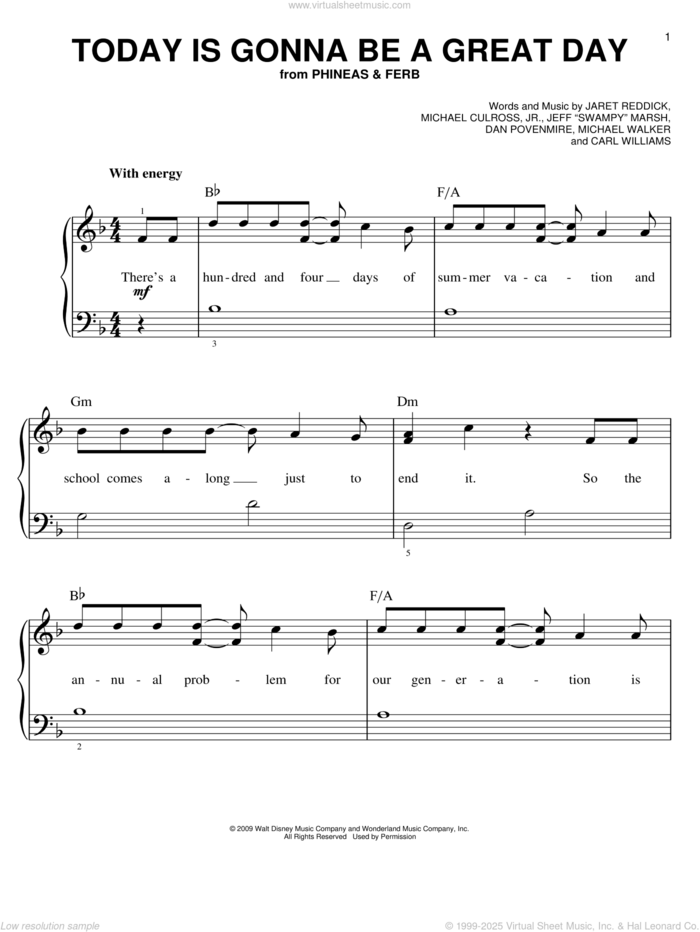 Today Is Gonna Be A Great Day (Theme from Phineas And Ferb) sheet music for piano solo by Danny Jacob, Bowling For Soup, Phineas And Ferb, Carl Williams, Dan Povenmire, Jaret Reddick, Jeff 'Swampy' Marsh, Michael Culross, Jr. and Michael Walker, easy skill level